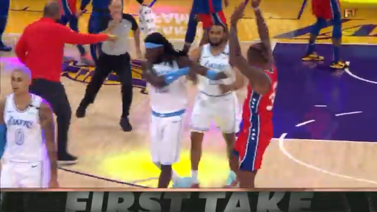 Stephen A. reacts to Dwight Howard’s ejection after receiving his Lakers title ring