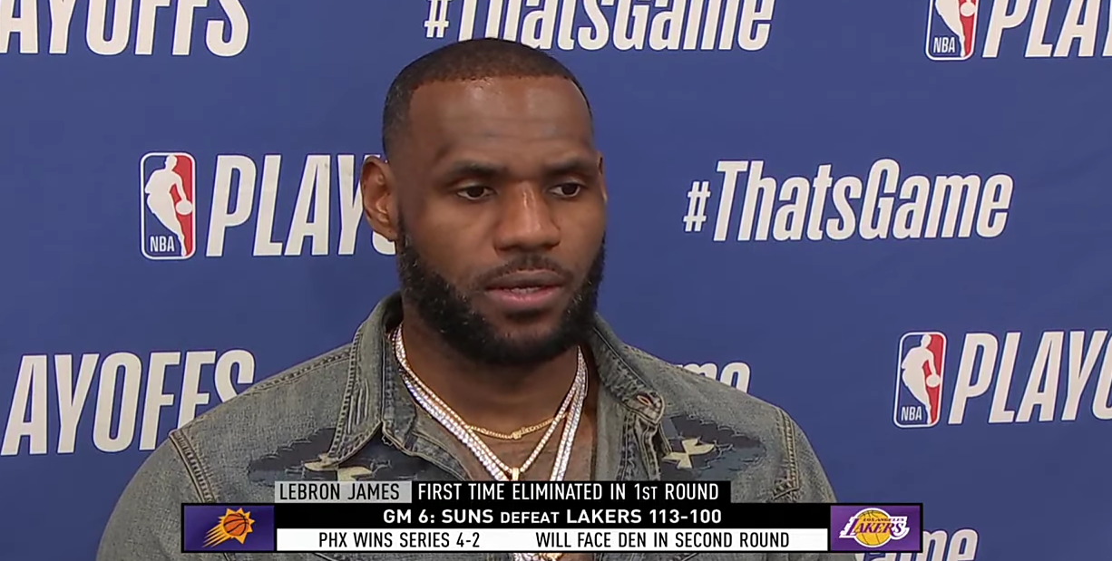 LeBron James reacts to the Lakers getting eliminated from the NBA playoffs