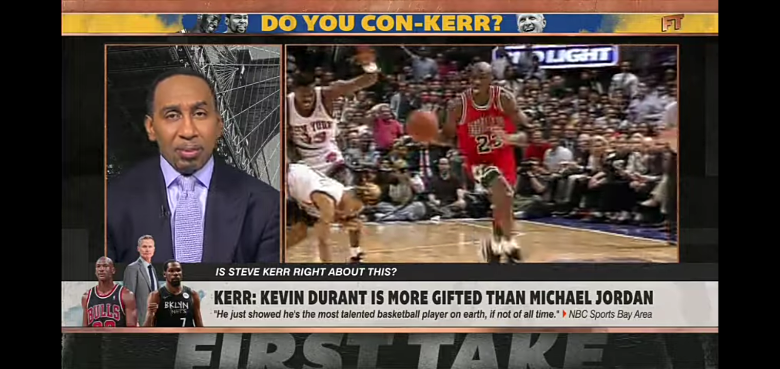 Stephen A. reacts to Steve Kerr calling KD ‘more gifted’ than MJ
