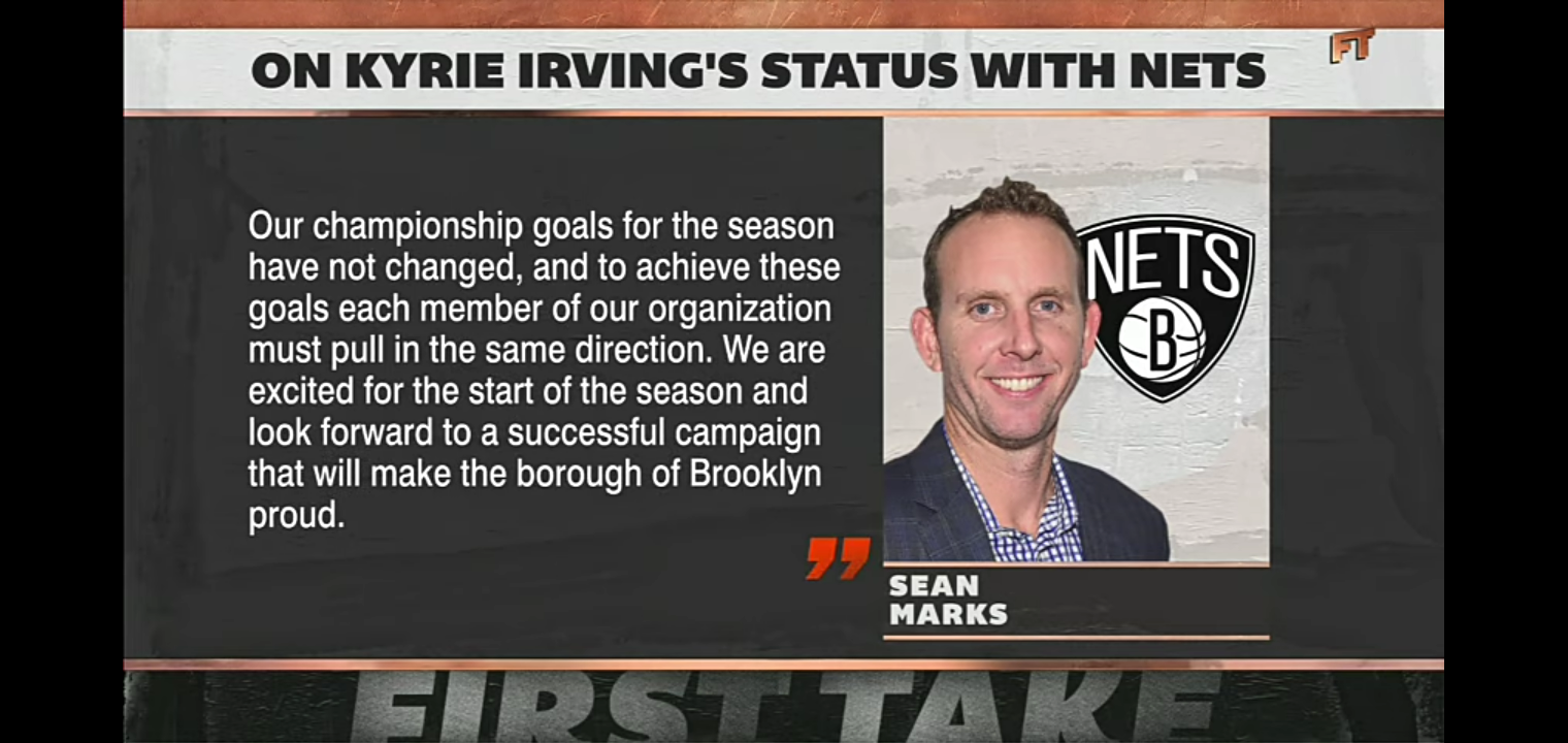 First Take reacts to Sean Marks saying Kyrie can’t rejoin Nets until he can be a ‘full participant’