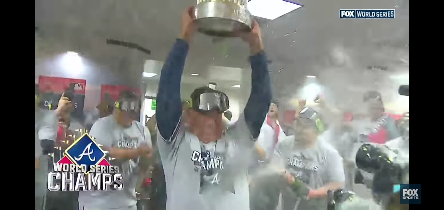 Brian Snitker leads Atlanta Braves’ locker room celebration after World Series win