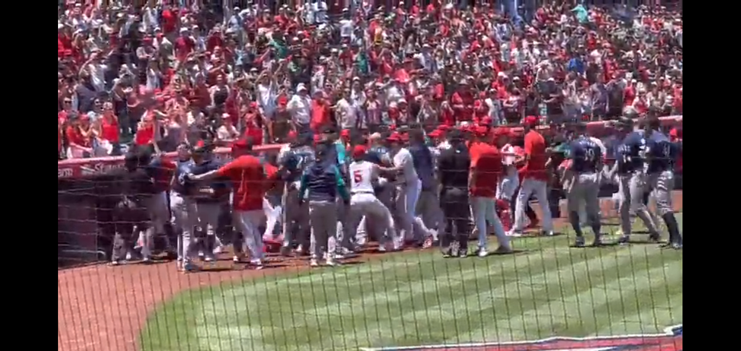 MLB Fight. Angels vs. Mariners on field brawl Angels Stadium