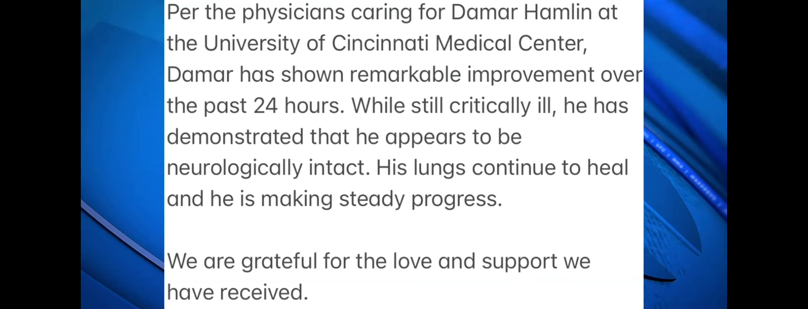 Bills say Damar Hamlin has shown ‘Remarkable improvement in past 24 hours.’