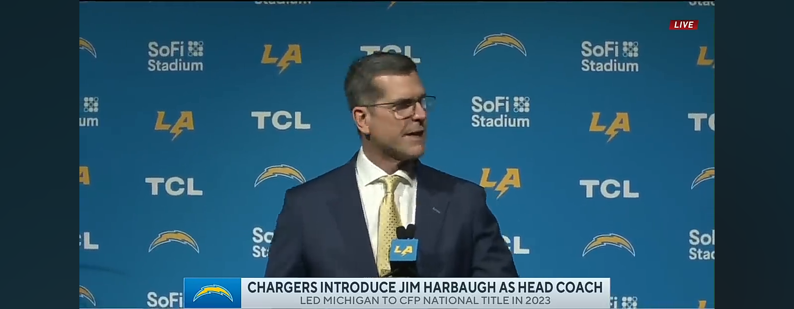 Jim Harbaugh introduced as Chargers head coach