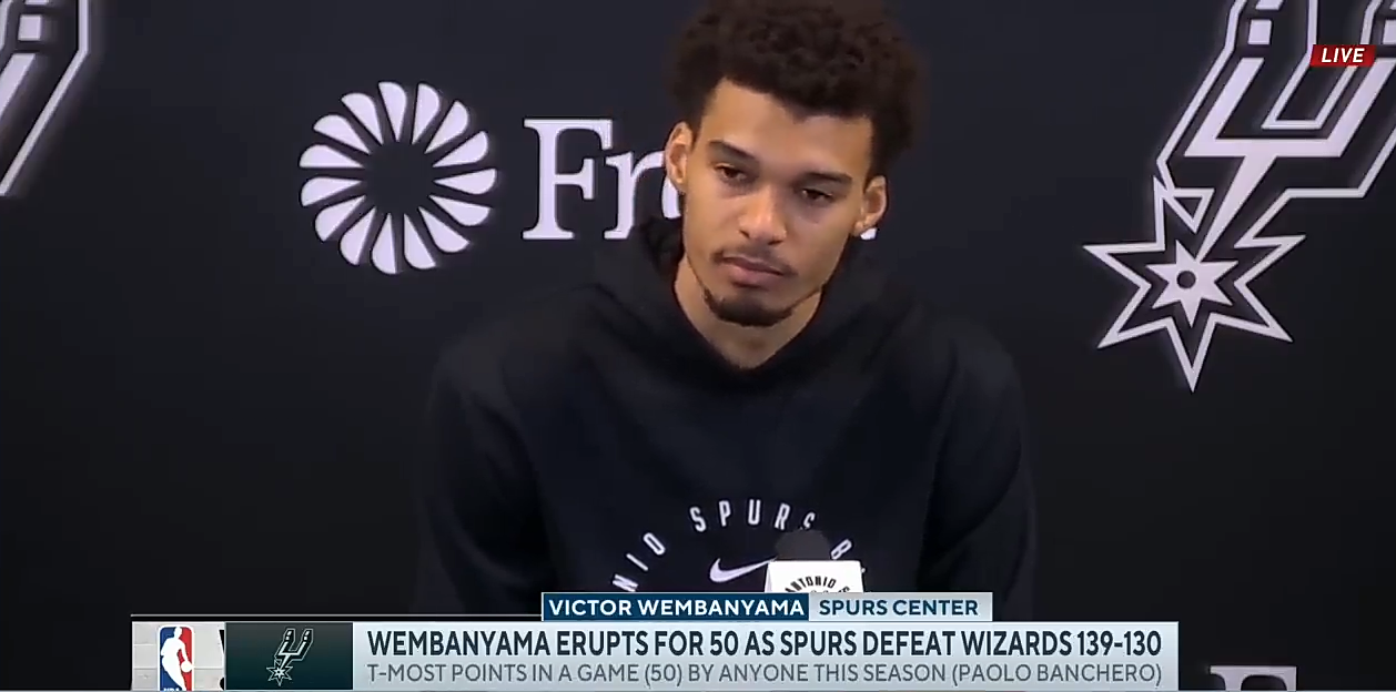 Victor Wembanyama joins the media following his 50-point game vs. the Wizards