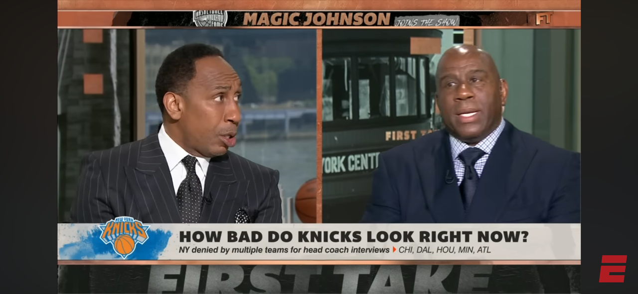 Magic Johnson joins First Take 🔥 Puts ALL THE PRESSURE on Knicks players after BOTCHED HC SEARCH 🔍