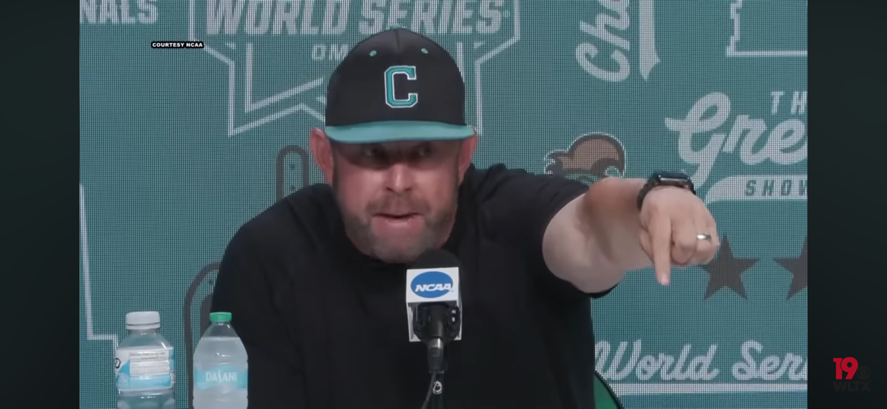 Coastal Carolina head baseball coach Kevin Schnall discusses his ejection in the first inning of Gam