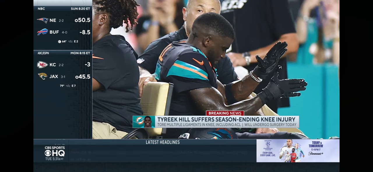 Tyreek Hill will miss remainder of the season following knee injury on Monday Night Football