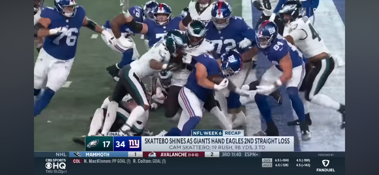Dart, Skattebo Combine for 5 TDs as Giants Hand Eagles 2nd Straight Loss