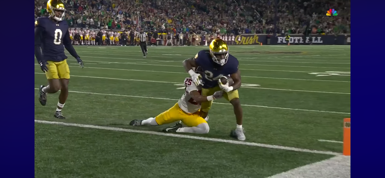 Notre Dame’s Jadarian Price explodes up the left side for touchdown vs. USC