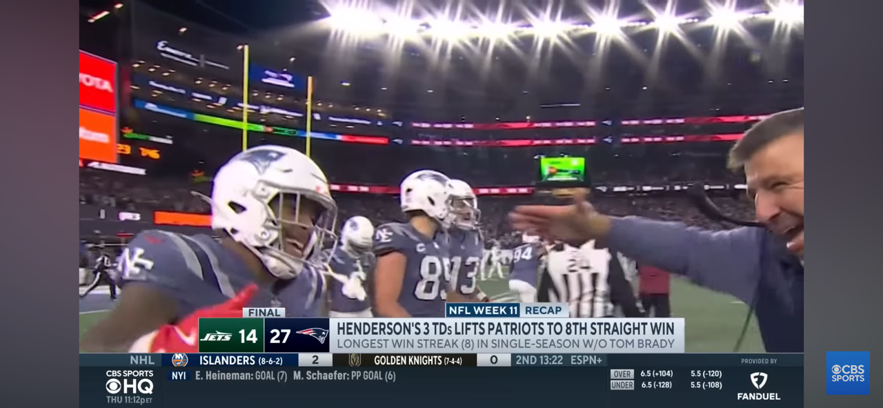 Henderson Scores 3 TDs, Maye Continues to Impress as Patriots Take Down Jets for 8th Straight Win