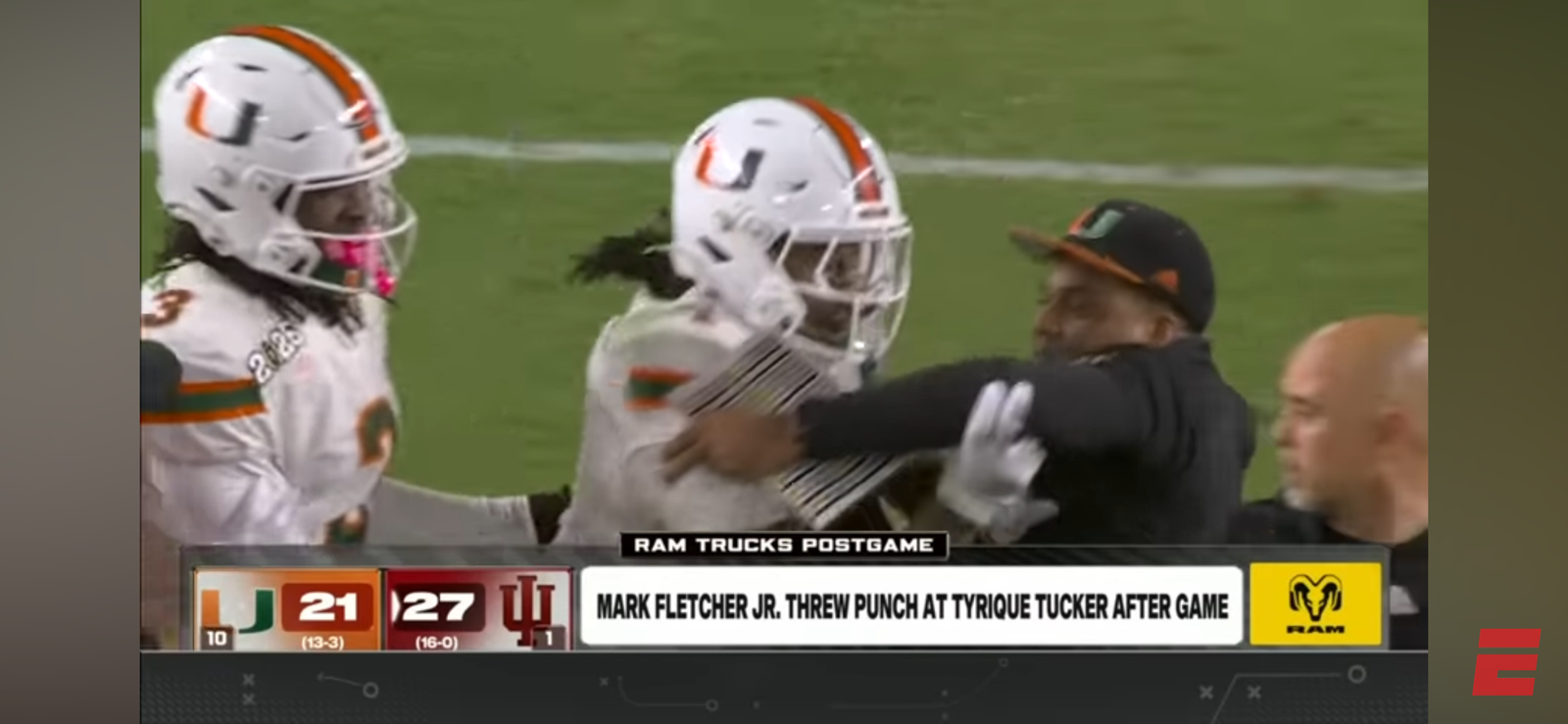 Miami’s Mark Fletcher Jr. threw a punch at Indiana’s Tyrique Tucker after National Championship game