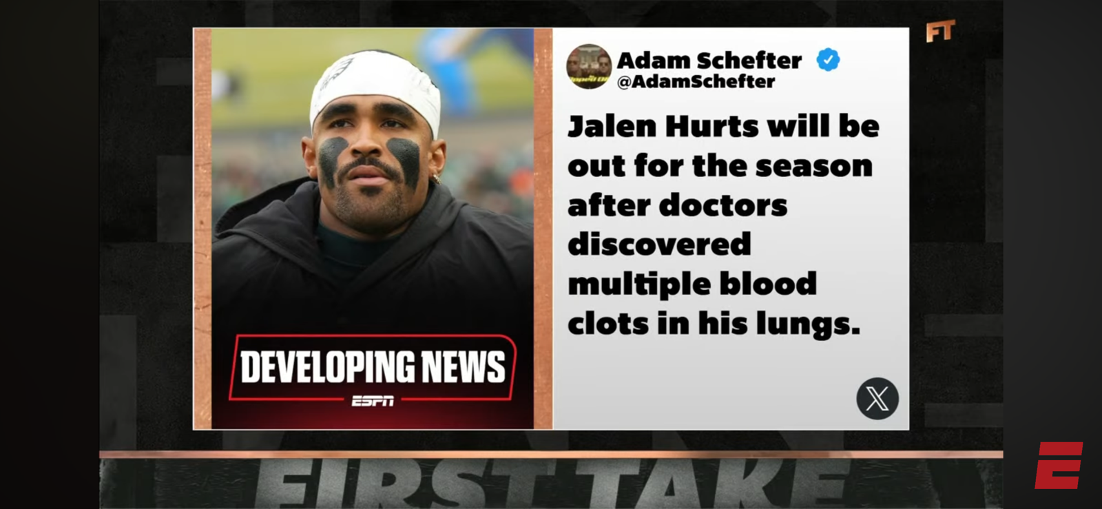 BREAKING: Jalen Hurts OUT FOR SEASON after blood clots discovered in lungs | First Take